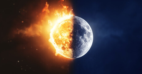 Sun and moon. Contrasting elements concept art. Good and evil. yin and yang. Hot and cold. Light and dark. Love and hate. With copy space for text. Eternal Dichotomy: Light and Dark