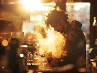 Barista making coffee with steam rising from the cup