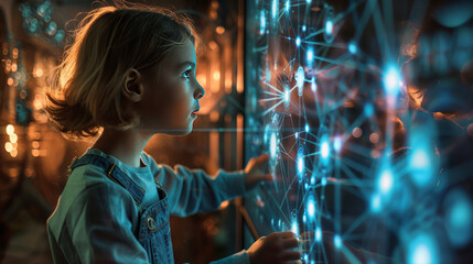 A child wearing overalls, focusing intently on a neural network diagram projected on a wall