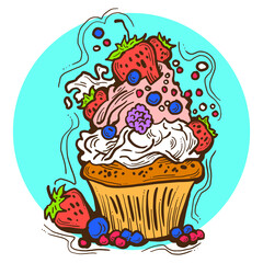 Sweet tasty dessert cupcake with cream and deco for morning breakfast in café or restaurant. Mini birthday cake for pleasure. Hand drawn colorful retro vintage illustration. Old style drawing.