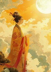 Fototapeta premium A Chinese woman in traditional costume stands in the clouds with a bright moon in the background
