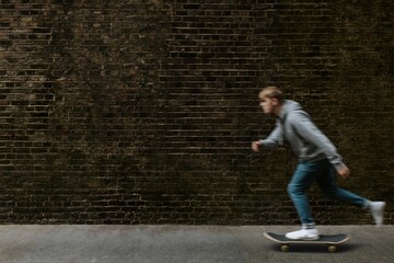Man skating in town, passing grunge brick wall © Rawpixel.com