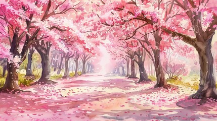 cherry blossom avenue in a park with pink and brown trees