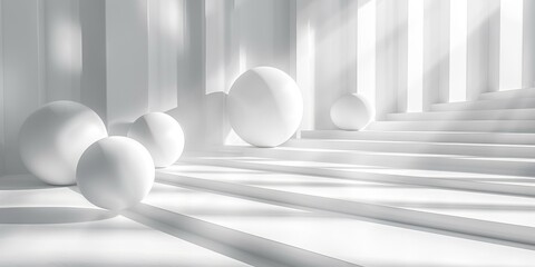 White minimalist surreal space with spheres and staircase