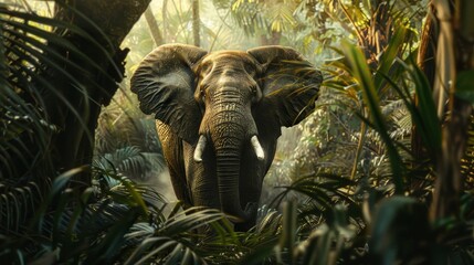 Majestic Elephant Emerging from Misty Jungle
