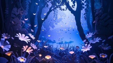 Enchanted Nighttime Forest with Magical Butterflies
