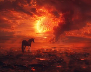 A unicorn stands in a field of lava. The sky is red and the ground is cracked. The unicorn is white and its mane is flowing in the wind.