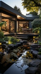 A tranquil garden oasis with a modern house