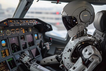 Robot modern digital control of the cabin of a passenger jet airliner, aviation of the future aerospace. The concept of eliminating the human factor, fatigue, distracted attention, errors