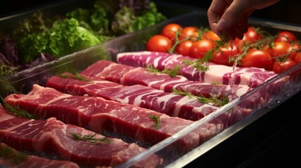 Close up of a hand sprinkling herbs over raw steaks