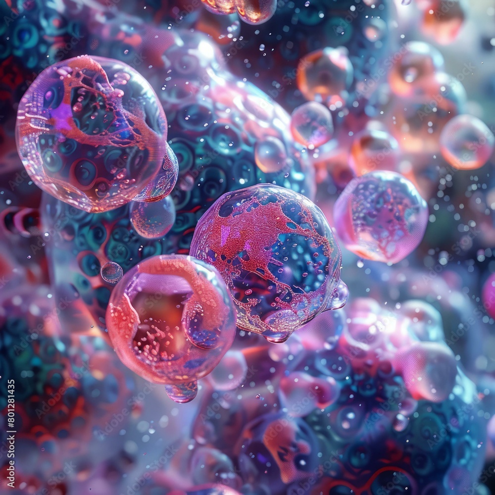 Poster Colorful 3D rendering of a microscopic world with bubbles and spheres