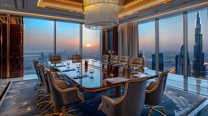 Fototapeta premium Luxurious Boardroom with Panoramic Cityscape View from Skyscraper