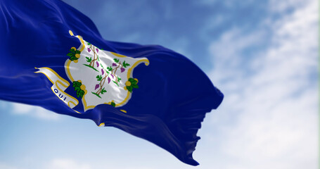 Close-up view of the Connecticut state flag fluttering