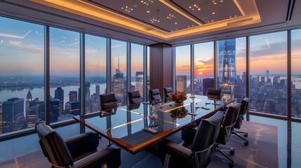 Panoramic Boardroom Atop Iconic Skyscraper with Breathtaking City Views
