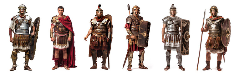 Series of Roman soldiers dressed in historical military attire, showcasing different ranks and equipment