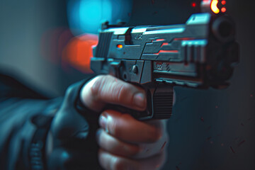 Generative ai on theme of man with pistol in powerful male hand aims red laser sight at the target