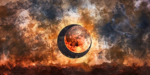 watercolor painting of a crescent moon with a fiery red center and a dark blue sky