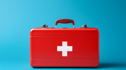 Obraz premium Red first aid kit with a cross with medicines on a blue background.