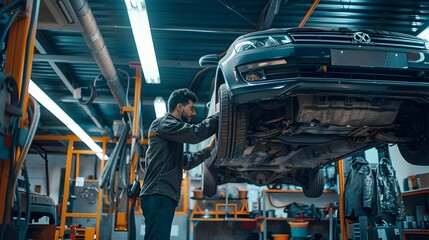 Mechanic Examining Car on Lift in Auto Repair Shop,Discussing Oil Leak Diagnosis