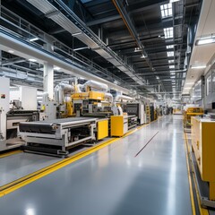 A factory production line with yellow machines and a yellow safety line on the floor