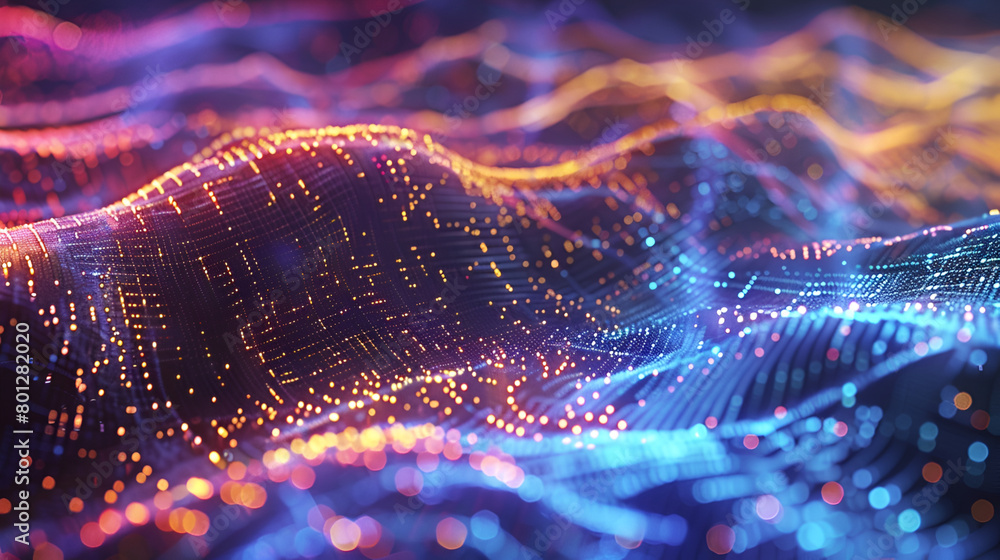 Poster Network connection dots and lines. Data technology illustration. Abstract background with a dynamic wave,Data neon waves abstract background, dark digital space with network and lights
