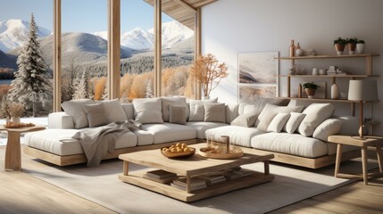 Fototapeta premium Modern Minimalist Living Room With Large Windows Overlooking Snowy Mountain Landscape