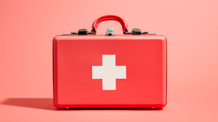Obraz premium Red first aid kit with a cross with medicines on a pink background.