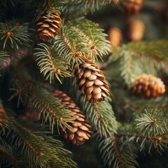 Close up of pine cones hanging on a pine tree