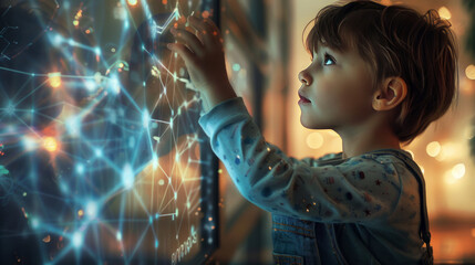 A child wearing overalls, focusing intently on a neural network diagram projected 