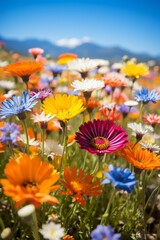 Obraz premium Field of flowers in bloom with mountains in the distance