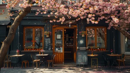 European-style coffee shop with pink flowers