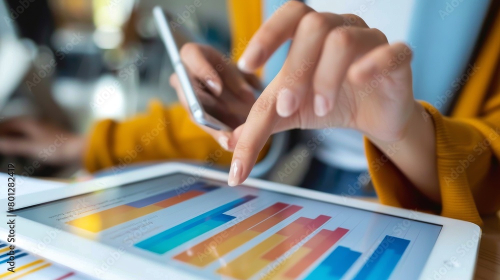 Leinwandbilder a person analyzing a bar graph on a tablet, interpreting trends and making informed decisions based 