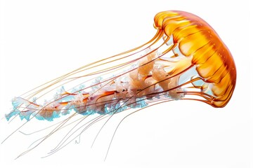 A beautiful orange jellyfish with long, trailing tentacles