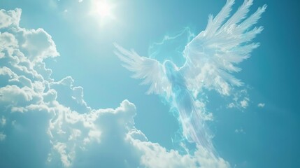 An angelic spirit in the blue sky amidst clouds.