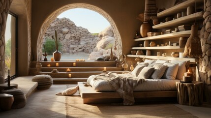 Earthy bedroom interior with a large arched window