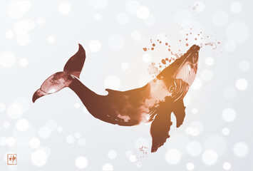 Ink wash painting of a whale on white shimmering background. Traditional oriental ink painting sumi-e, u-sin, go-hua. Hieroglyph - spirit. © elinacious