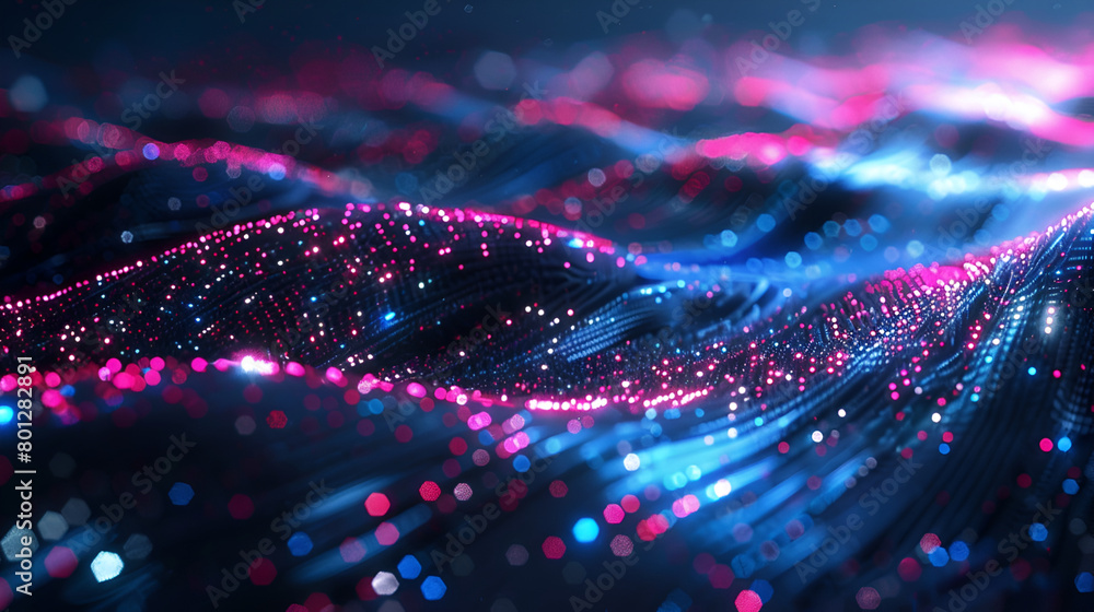 Poster Network connection dots and lines. Data technology illustration. Abstract background with a dynamic wave,Data neon waves abstract background, dark digital space with network and lights
