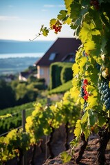 Obraz premium Grapes on the vine with a house in the background