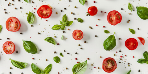 A close up of a white background with a variety of vegetables including tomatoes