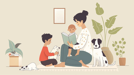 Mother, son, and dog sitting together on floor. Mom reading storybook. Vector line art with copy space for banners or social media posts.