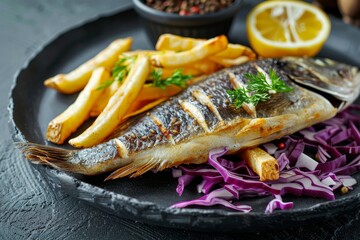 Seabass with pickled cucumber, red cabbage and fries
