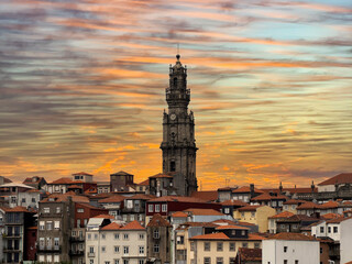 Porto bell tower Clerigos highest bell tower of Portugal. sunset