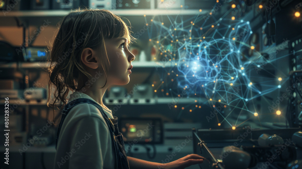 Poster a child wearing overalls, focusing intently on a neural network diagram projected
