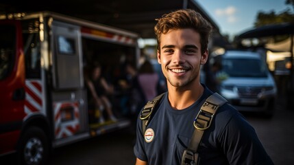 Portrait of a young male firefighter smiling in front of a fire truck