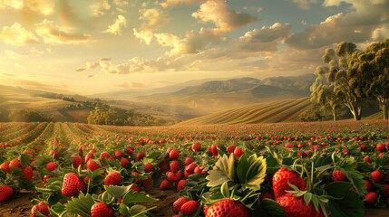 The scenic vista of the strawberry fields captivates the senses. - obrazy, fototapety, plakaty
