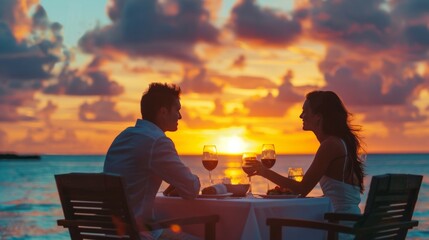 A couple celebrating their anniversary with a romantic dinner at sunset