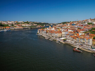 Fototapeta na wymiar ribeira Porto old town street view building, portugal view from luis bridge