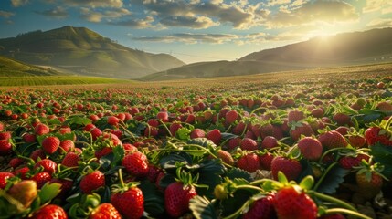 The scenic vista of the strawberry fields captivates the senses.