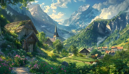 the village surrounded by lush greenery, with towering snowcapped mountains in the background. The sun shines brightly on an idyllic landscape filled with blooming flowers and charming cottages - Powered by Adobe
