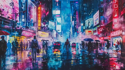 cyberpunk alleyway in the city with people and umbrellas